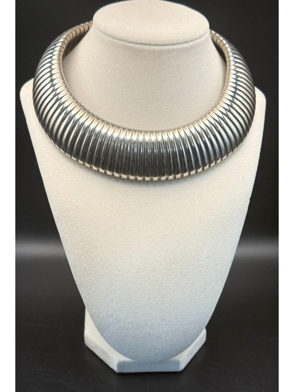 Vintage Statement Wide Ribbed Silver Collar Necklace Tubogas Les Bernard Style